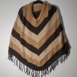 Alpaca Fina Brown Tan, And Cream Striped Poncho One Size